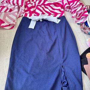 Navy Pencil Skirt dress with Front Slit and White Waist Tie